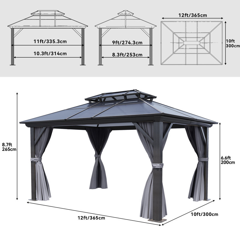 Pavillon de jardin en aluminium à toit double avec toit rigide en polycarbonate, 12 pi. L 10 pi. D