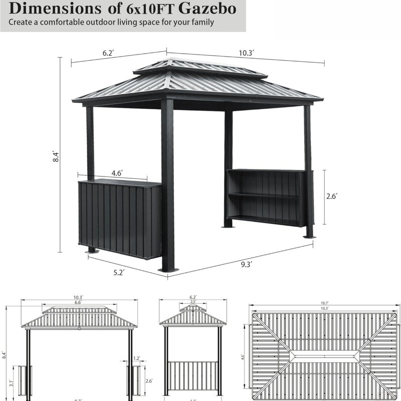 Hardtop Grill Gazebo, Outdoor BBQ Gazebo With Double Galvanized Steel Roof, Patio Grill Canopy With 2 Storage Cabinets And Ceiling Hooks(Canopy)