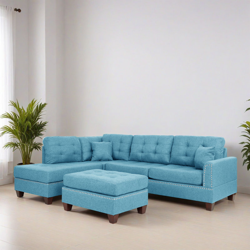 Canapé modulaire faisant face à gauche avec repose-pieds de 104,02 po de large, Lin turquoise