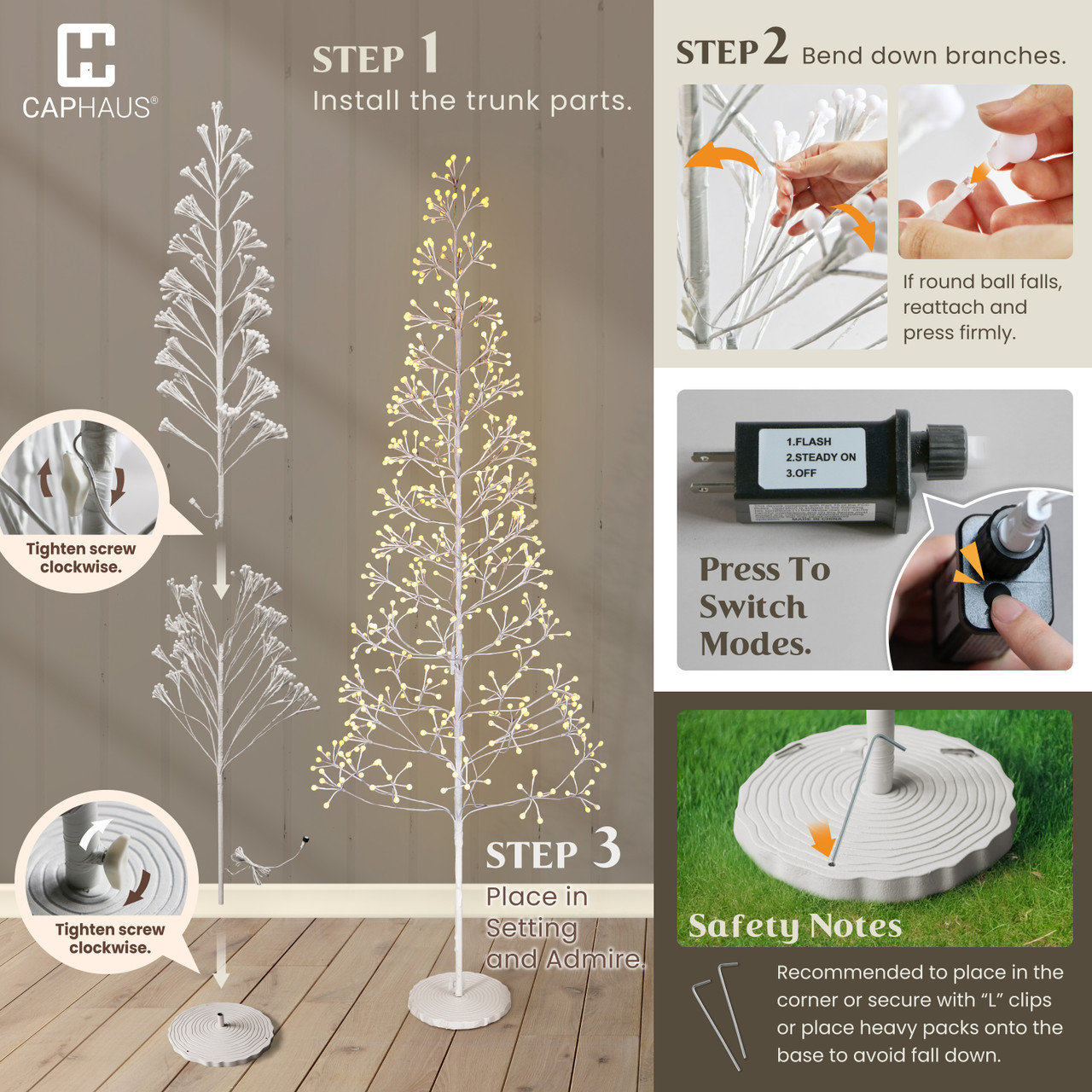 4/ 6/ 8 Feet Set of 3 Firework Twinkling Lighted Tree, 48/ 72/ 96 inch Light Up Twinkle Tree with 240/ 420/ 540 LED Lights for Home, Office Indoor Decoration, IP44 & UL Certified