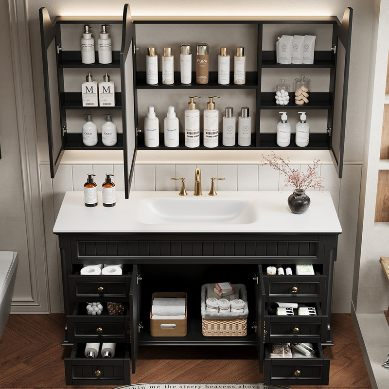 Armoire de salle de bain américaine, Noir, H 32,28 po x l 59,06 po x P 21,65 po