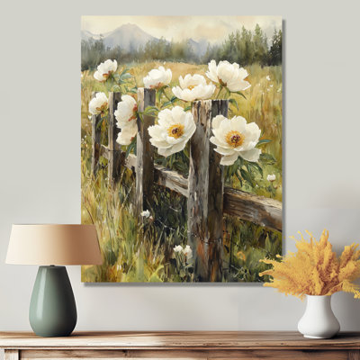 Pivoines dans la clôture pastorale I - pivoines, art mural en métal pour le salon
