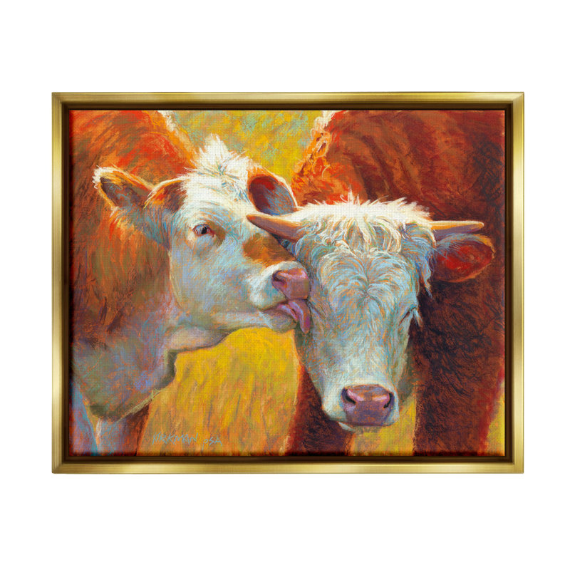 Vache léchant des animaux de ferme par Rita Kirkman - peinture sur toile à cadre flottant, H 25 po x l 31 po x P 1,7 po
