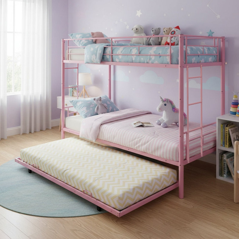 Twin Over Twin Metal Bunk Bed with Trundle for Teens and Adults, Pink