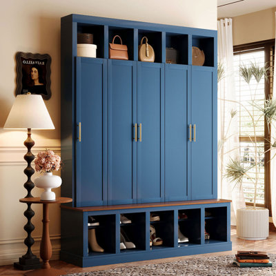 Farmhouse Entryway Hall Tree with Coat Closet, Shoe Storage Cabinet Display Cubbies