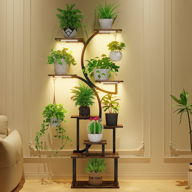 Support pour plante haute de 65 po avec 3 lumières de culture Adan, étagère de fleurs d'intérieur à 9 niveaux avec bandes lumineuses à DEL, support en forme d'arbre pour la culture en intérieur