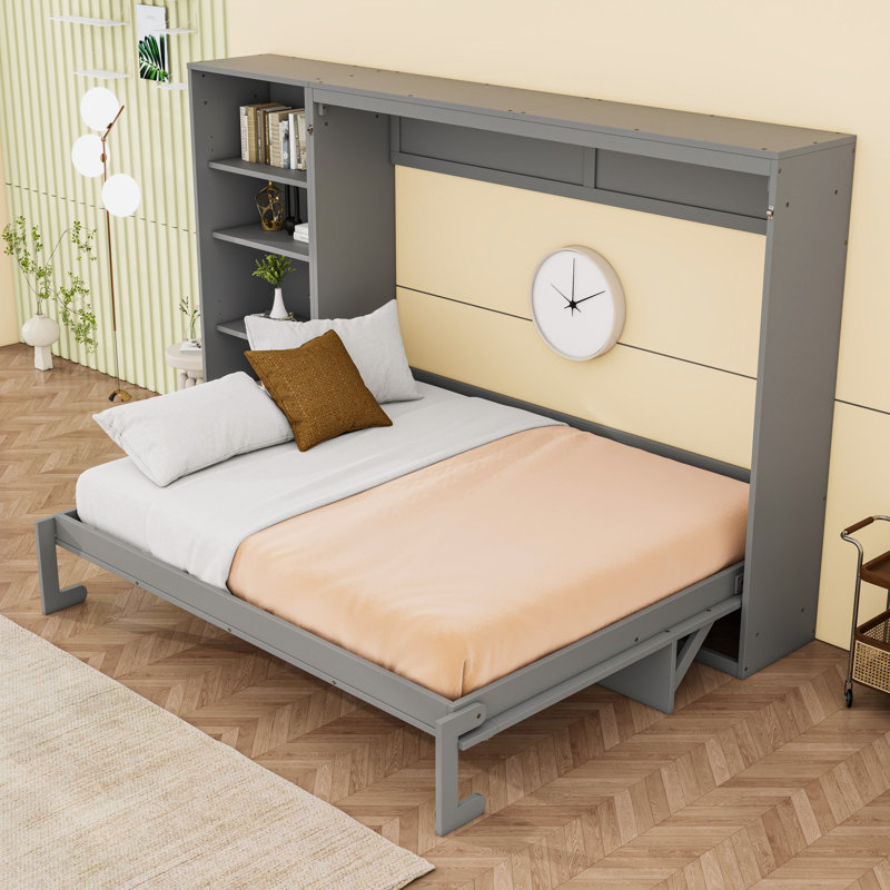Grand lit escamotable en bois avec grand tiroir de rangement et tablettes, Gris