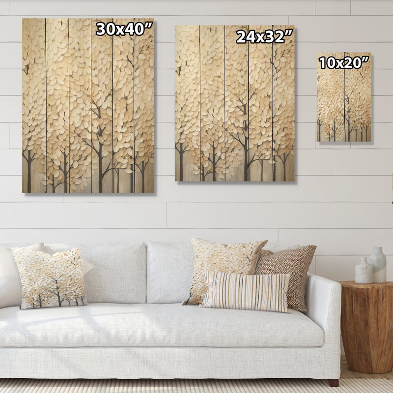 Harmonous beige arbre I - arbres, art mural sur bois de pin naturel, H 40 po x l 30 po