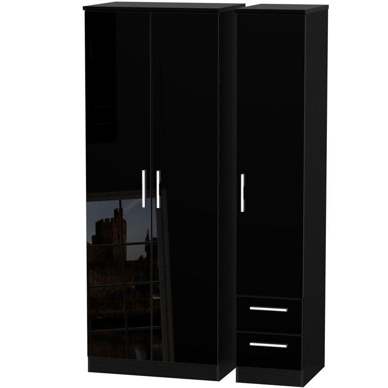 Yvette 3 Door Manufactured Wood Wardrobe, 197 cm H x 111 cm W x 53 cm D, Black