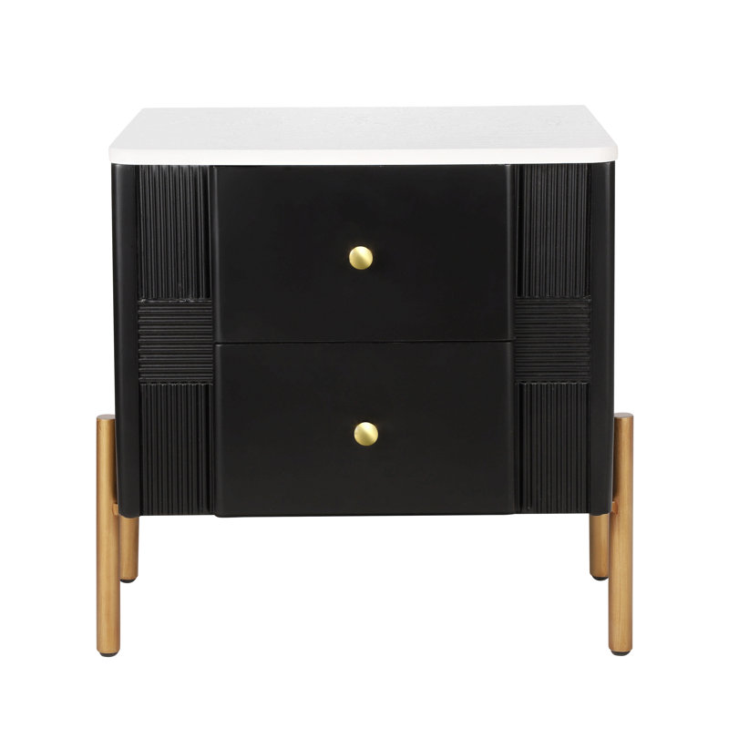Danny Wooden Nightstand With 2 Storage Drawers & Metal Legs, Black