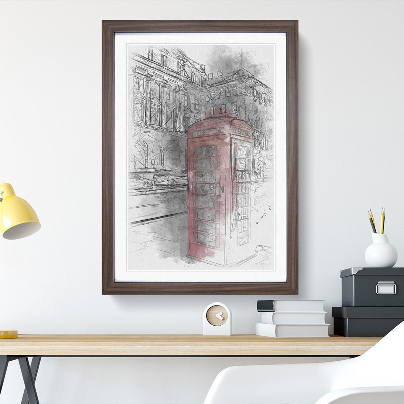 Red Telephone Box - Picture Frame Drawing, Walnut Framed, 90cm H x 65cm W x 2cm D