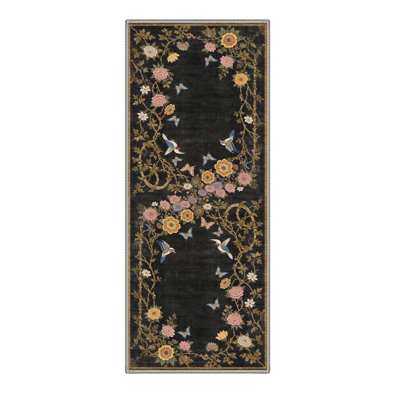 Alfred Avianora Floral Machine Washable Black Indoor Area Rug with Non-Slip Backing, Runner 2' x 6'