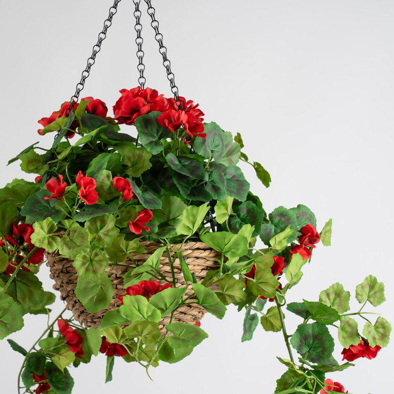80cm Faux Geranium Hanging Basket, Red