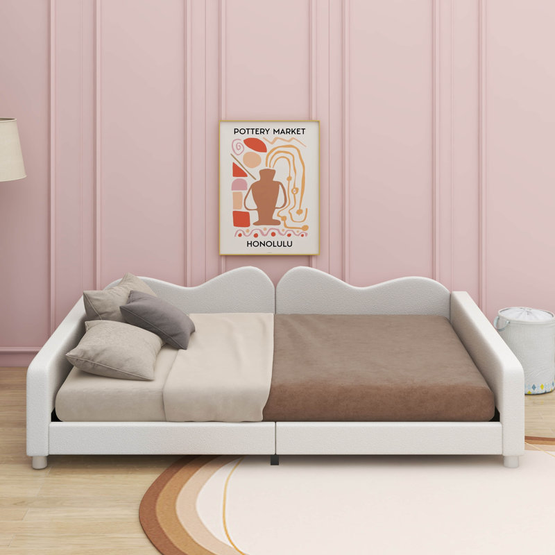 Upholstered Sherpa Fabric Bed With Cloud-Shaped Backrest, Beige, Full