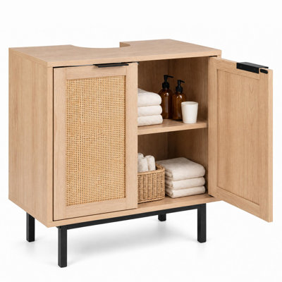 Under Sink Storage Cabinet with U-Shaped Cut-Out 2 Rattan Doors & Shelf Metal Legs Natural