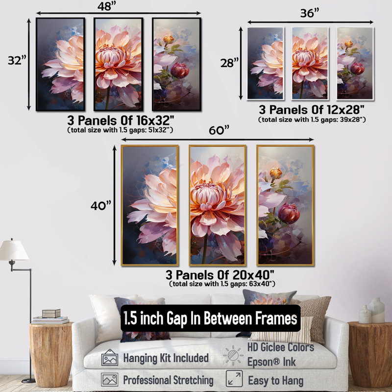 Fleurs de lotus de la pureté - ensemble d'art mural lotus, Cadre flottant doré, H 40 po x l 60 po x P 1 po