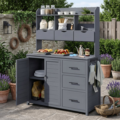 Outdoor Potting Bench with 6 Drawers, Upper Hutch, Side Hooks and Garden Workstation Countertop