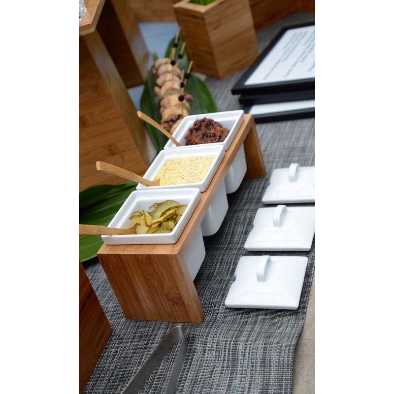 White Porcelain Condiment Server Set with Bamboo Stand