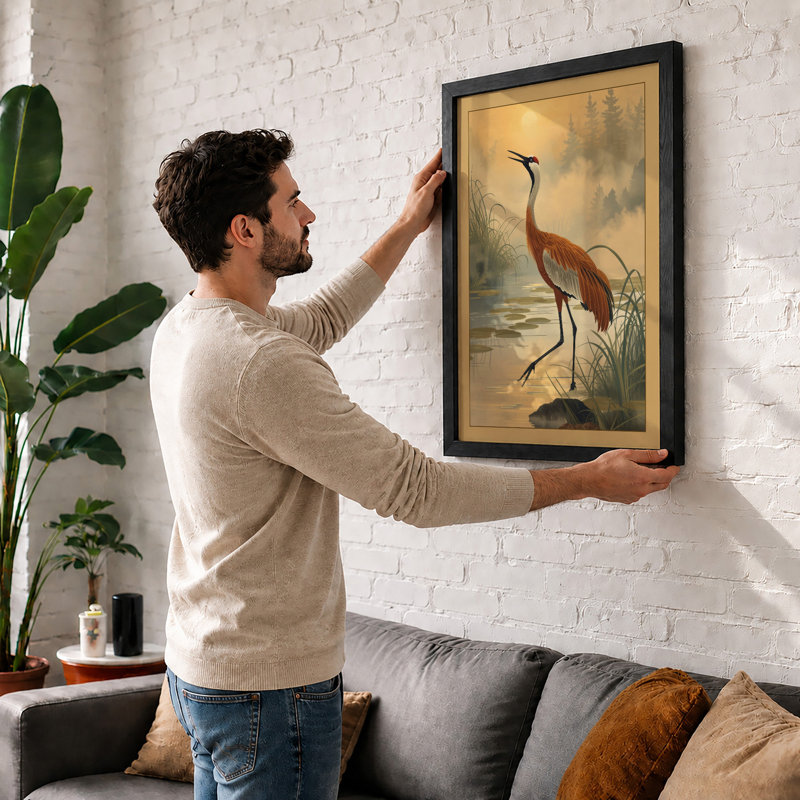 Heron at Dawn Coastal - Framed Print, A2 - 59.4 x 42.0 cm, Black