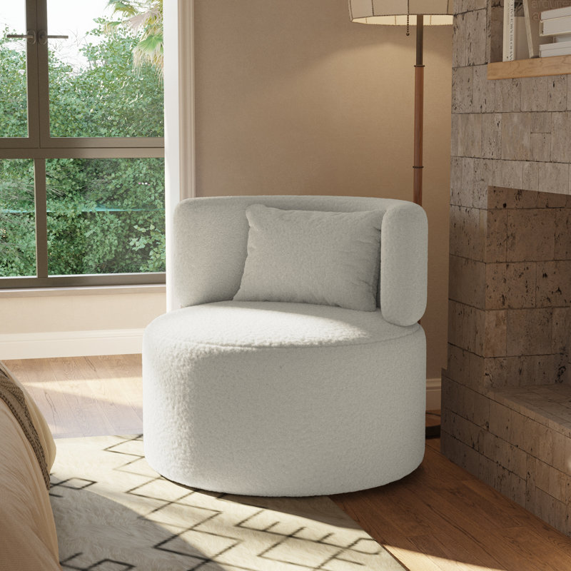 Narissa Swivel Accent Chair with Throw Pillow, Ivory Teddy