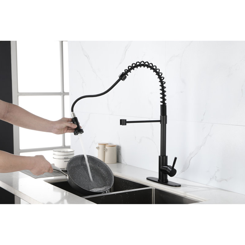 Robinet de cuisine avec bec rotatif à 360 ° - Acier inoxydable, noir mat, douchette extractible, matériau en acier avec rotation noire, surface rouillée