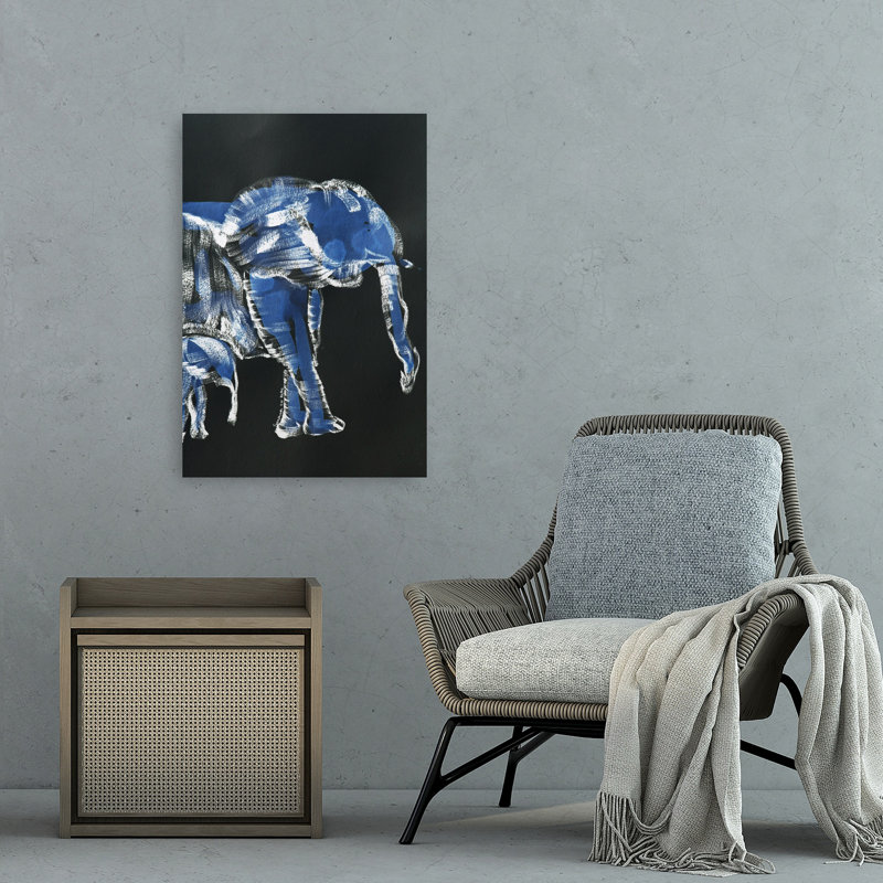 Éléphant bleu, mère, enfant, abstrait, éléphant minimaliste contemporain, art mural, 36" H x 24" W