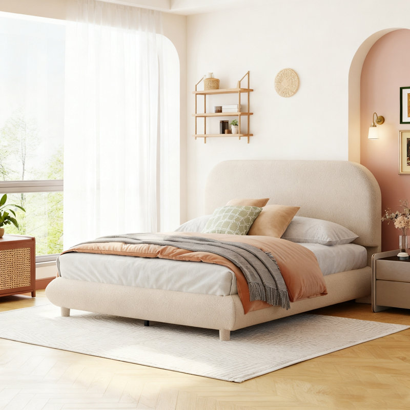 Lit plateforme en tissu d'ameublement Teddy, Beige, Double