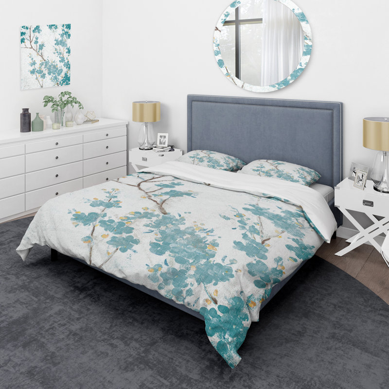 Teal Cherry Blossoms II - Ensemble de housse de couette à motif floral traditionnel - Microfibre de polyester