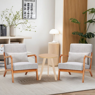 Ensemble de salon de style Mid-Century 3 pièces - 2 fauteuils rembourrés en bois d'hévéa avec coussins lombaires + table basse avec cadre en bois massif (beige)