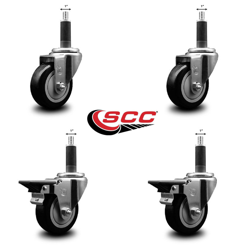 Ensemble de roulettes extensibles pivotantes en poly sur roulettes 2 freins SCC PLB 3,5 po x 1 po, Noir