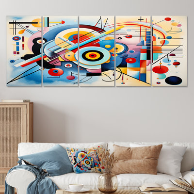«Midcentury Symphony Blue Jazz II», art mural géométrique sur toile, 5 pièces