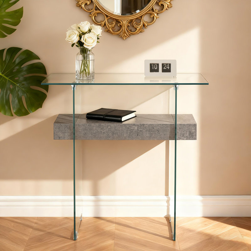 Tempered Glass Console Table with Shelf, Gray, 31.5"H x 31.5"W x 13.8"D