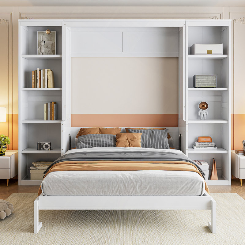 Lit escamotable avec bureau et bibliothèque Murphy, blanc, Lit double