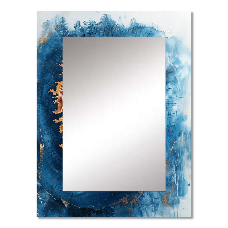 Gold Blue Aqua Wood Slice Reverie II - Tree Mirror, Modern Unique Wall Mirror, Printed Metal Art, 32" x 24"