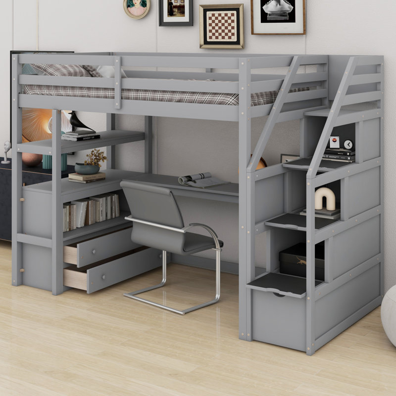 Lit mezzanine avec bureau et tablettes, deux tiroirs intégrés, escalier de rangement, Gris