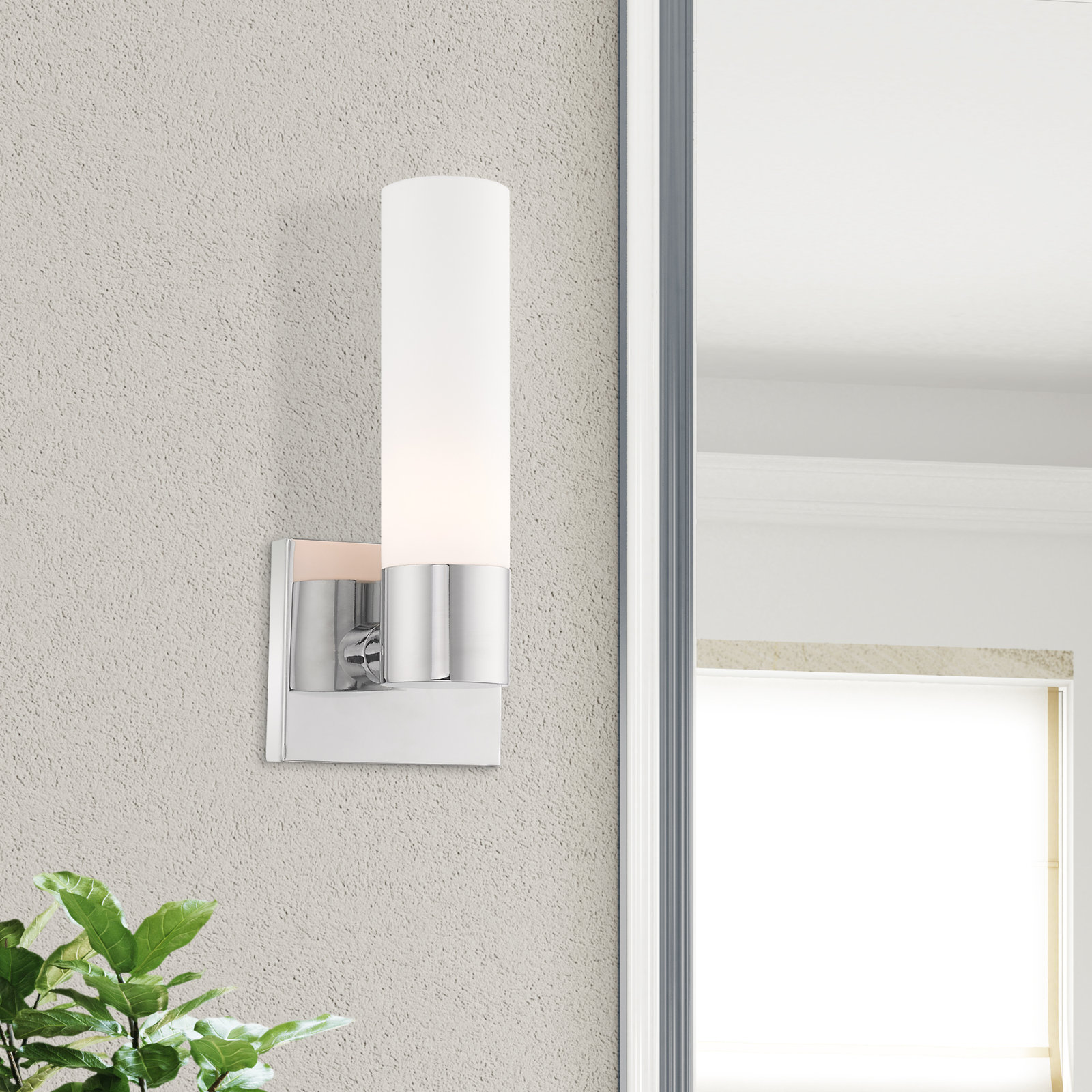 Fulton Single Light Glass Dimmable Armed Sconce, Polished Chrome