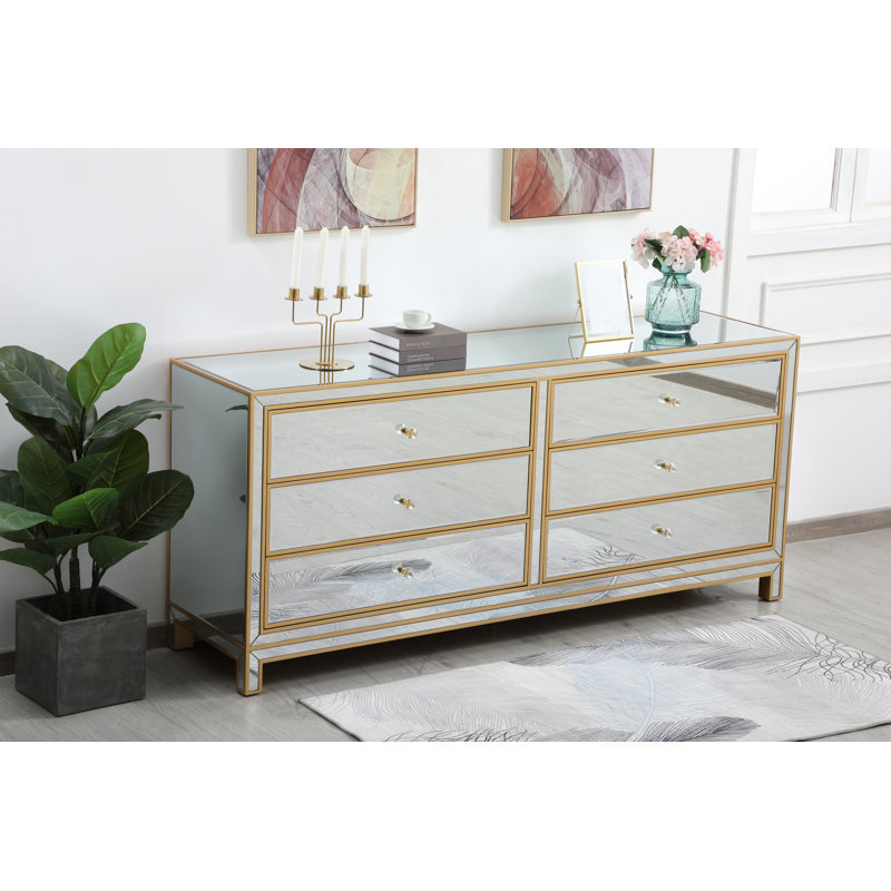 Commode double 6 tiroirs Rotella Mirrored, Doré