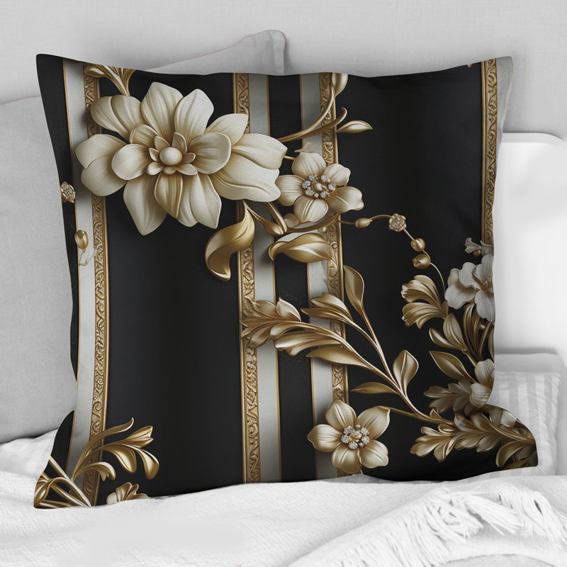 Or Regal Floral Elegant Striped Harmony - Coussin décoratif, H 16 po x l 16 po
