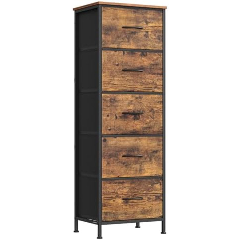 Dresser For Bedroom, Chest Of Drawers, Steel, MDF, 5 Non-Woven Fabric Drawers, Storage Organizer Unit, Closet, Entryway, Rustic Brown And Ink Black