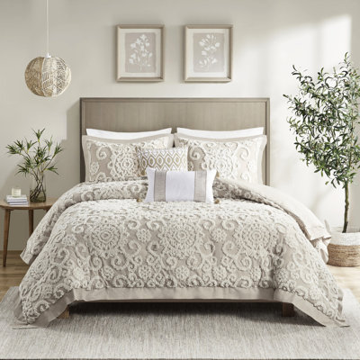 Édredon taupe très grand, 100% coton avec broderie en chenille élégante et rembourrage attrayant