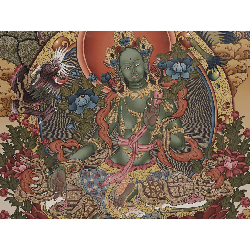 Déesse verte Tara Brocadeless Thangka | Art mural bouddhiste tibétain peint à la main | Décoration en or 24 carats de protection et de bienveillance (37 po x 26 po)