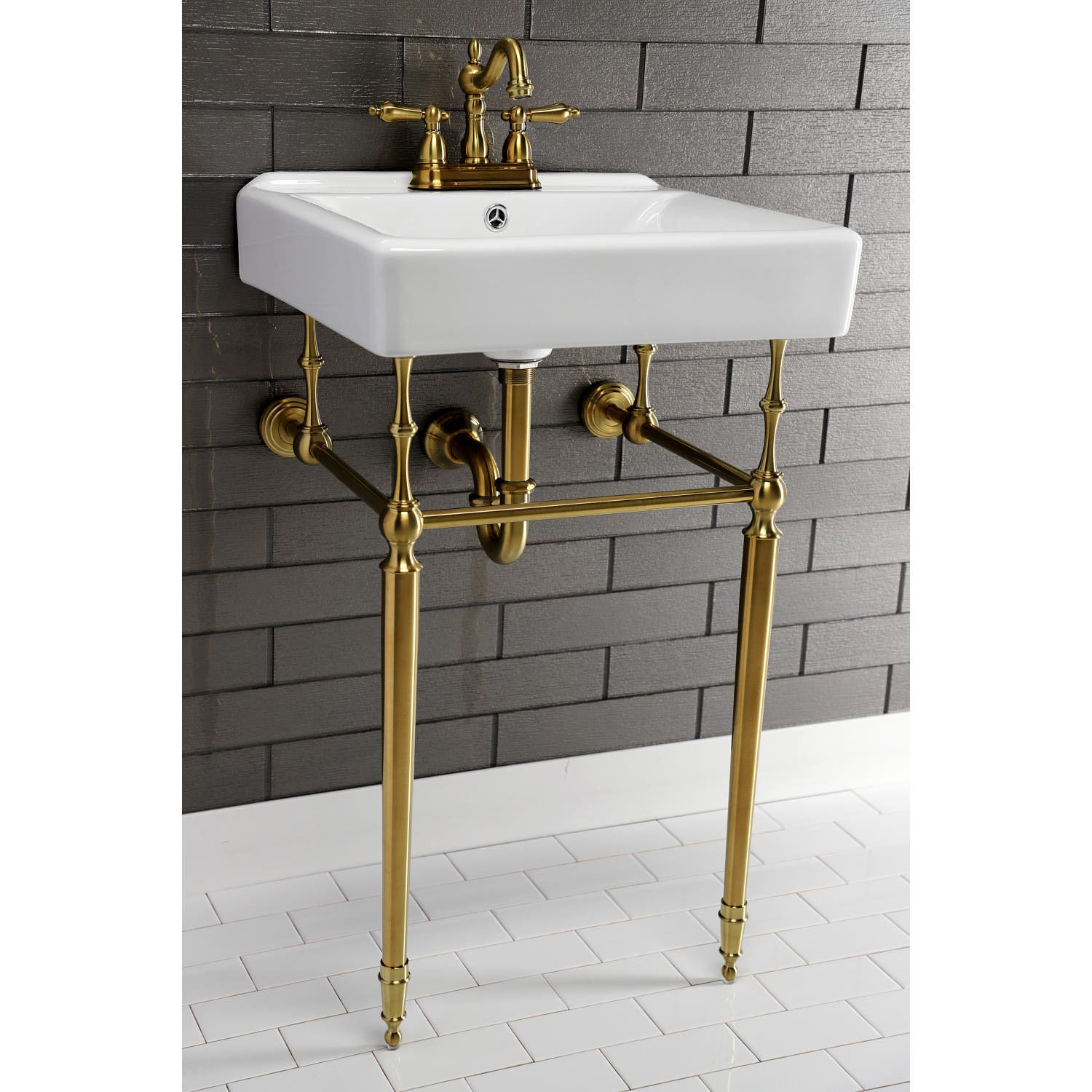 Kingston Brass Edwardian 20-Inch Porcelain Console Sink with Brass Legs (4-Inch, 3-Hole), White/Brushed Brass