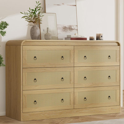Buffet/buffet en bois avec 6 tiroirs en rotin, coins arrondis | Finition en rotin, coins arrondis, système antibasculement, panneaux en bois de 12 mm, idéal pour salle à manger ou couloir