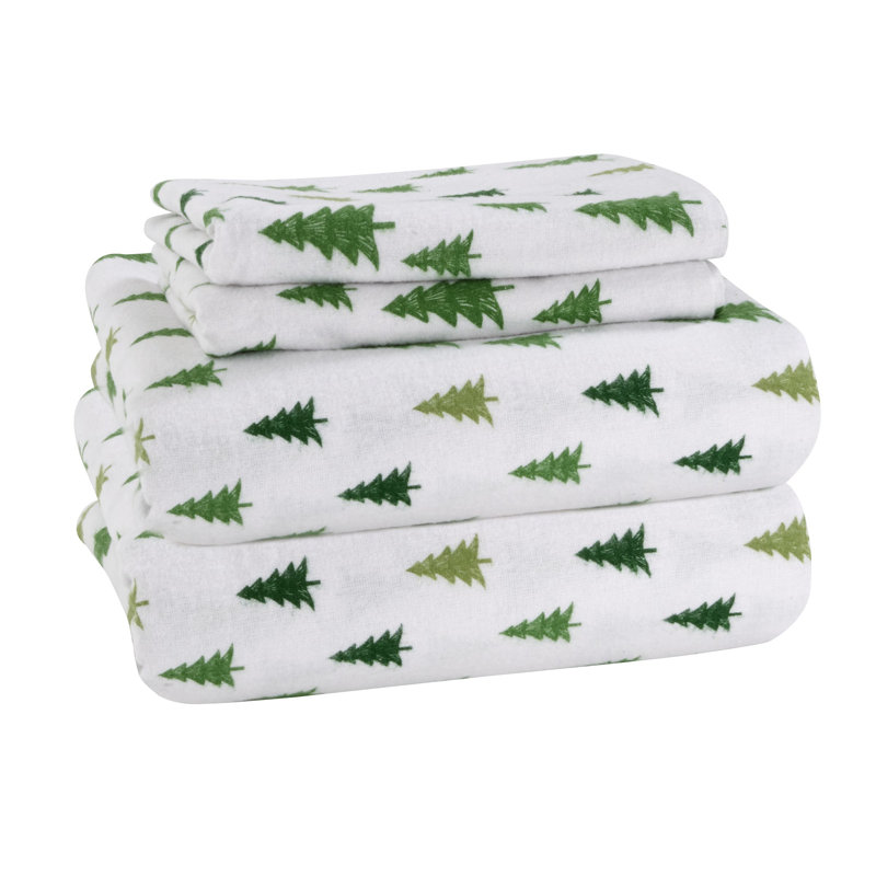 Ivory Christmas Tree Print Queen Flannel Sheet Set