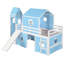 Lit simple mezzanine bleu avec glissade, tente rose et tour