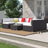 Merton 7-Piece Patio Furniture Set, Outdoor Wicker Conversation Set, All Weather PE Rattan Sectional Sofa Set with Cushions and Faux Wood Table, Stripe Pillows