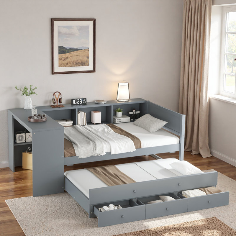 Wood Daybed With Trundle, Storage Drawers, Side Shelves And Desk, Gray, Twin