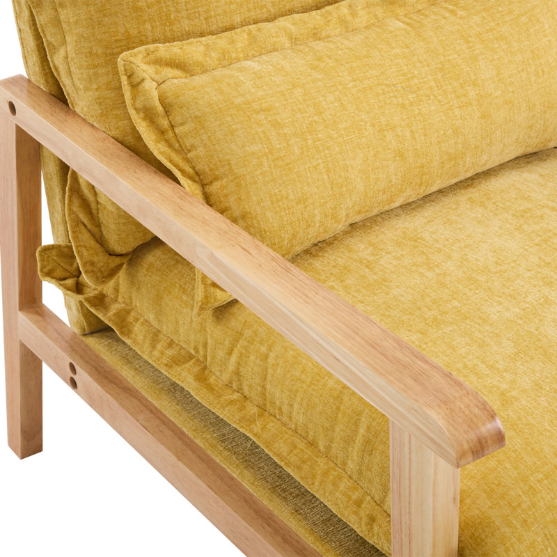 Chenille Accent Chair Armchair With Pillow, Yellow, Natural Wood