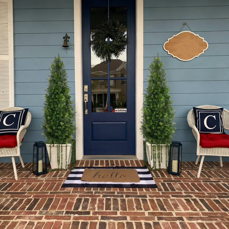 4ft Artificial Cedar Topiary Trees, Set of 2, Faux Evergreen Potted Plants for Outdoor Front Porch & Home Decor