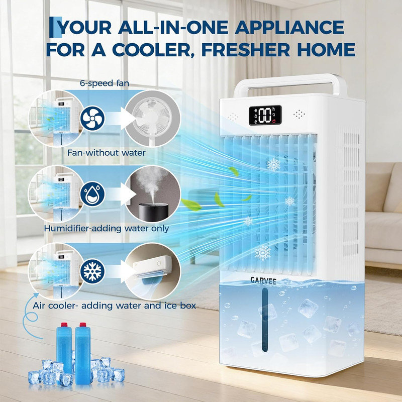 Refroidisseur d'air par évaporation portatif 3-en-1 avec réservoir 2,6 gallons, écran tactile et télécommande, 6 vitesses, 3 modes, oscillation à 90 degrés, 4 blocs de glace pour la chambre, le bureau à domicile